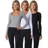 image:image90 Degree By Reflex Womens 3 Pack Ribbed Seamless Crew Neck Scoop Neck and Sqaure Neck Long Sleeve TopHtrgreyWhiteBlack