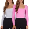image:image90 Degree By Reflex 2 Pack Contour Long Sleeve Top Square Neck Lightweight Soft Cropped Shirt for WomenCyclamenWhite
