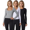 image:image90 Degree By Reflex Womens 3 Pack Ribbed Seamless Crew Neck Scoop Neck and Sqaure Neck Long Sleeve TopHtrgreyWhiteBlack