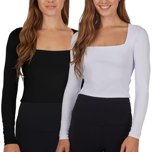 image:image90 Degree By Reflex 2 Pack Contour Long Sleeve Top Square Neck Lightweight Soft Cropped Shirt for WomenBlackWhite