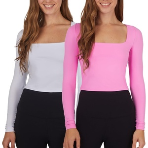 image:image90 Degree By Reflex 2 Pack Contour Long Sleeve Top Square Neck Lightweight Soft Cropped Shirt for WomenCyclamenWhite