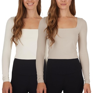 image:image90 Degree By Reflex 2 Pack Contour Long Sleeve Top Square Neck Lightweight Soft Cropped Shirt for WomenNacreous CloudGardenia