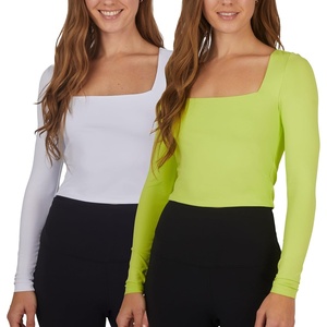 image:image90 Degree By Reflex 2 Pack Contour Long Sleeve Top Square Neck Lightweight Soft Cropped Shirt for WomenSharp GreenWhite
