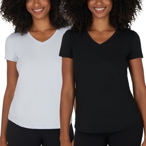 image:image90 Degree By Reflex Short Sleeve Top VNeck Soft Gym Shirt for Women  2 PackHeather Gray DawnBlack