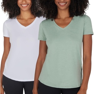 image:image90 Degree By Reflex Short Sleeve Top VNeck Soft Gym Shirt for Women  2 PackHeather Iceberg GreenWhite