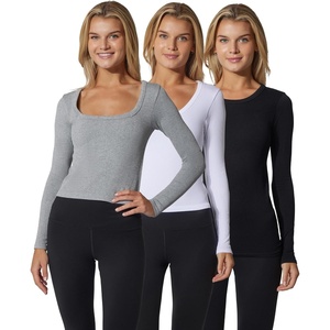 image:image90 Degree By Reflex Womens 3 Pack Ribbed Seamless Crew Neck Scoop Neck and Sqaure Neck Long Sleeve TopHtrgreyWhiteBlack