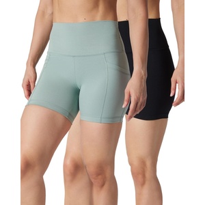 image:image90 Degree By Reflex Womens High Waisted Biker Shorts Ribbed Workout Yoga Running Tummy Control Spandex ShortGreen Milieu  Black W  Pocket  Black No Pocket 5