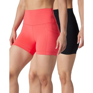 image:image90 Degree By Reflex Womens High Waisted Biker Shorts Ribbed Workout Yoga Running Tummy Control Spandex ShortHibiscus W  Pocket  Black No Pocket 5