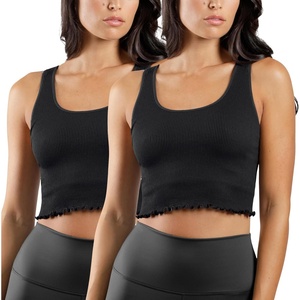 image:image90 Degree By Reflex Ribbed Lettuce Edge Cropped Tank Top Long Line Bra  2 Pack2 Pk  Black  Black