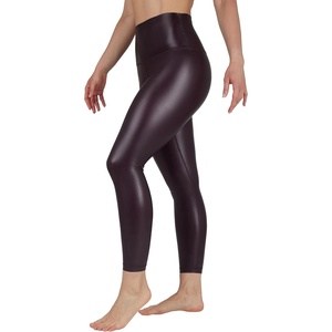 image:image90 Degree By Reflex Super High Waist High Shine Faux Leather Fleece Lined Elastic Free Ankle LeggingsDark Cherry Elastic Free