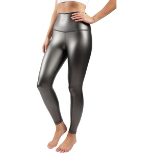 image:image90 Degree By Reflex Super High Waist High Shine Faux Leather Fleece Lined Elastic Free Ankle LeggingsGunmetal Grey Elastic Free